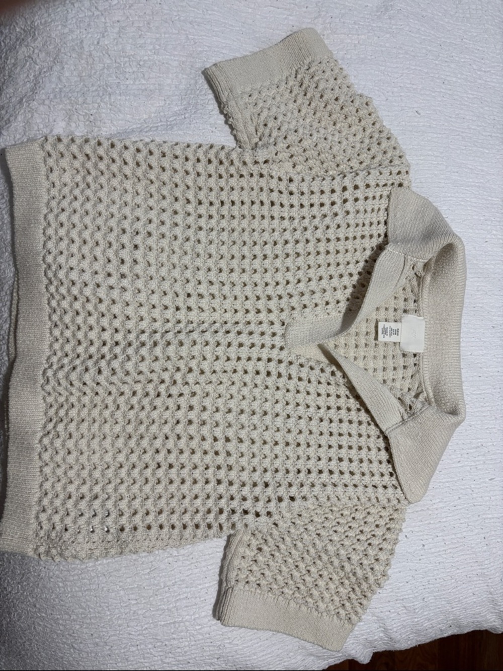 Cream Open-Knit Short Sleeve Sweater